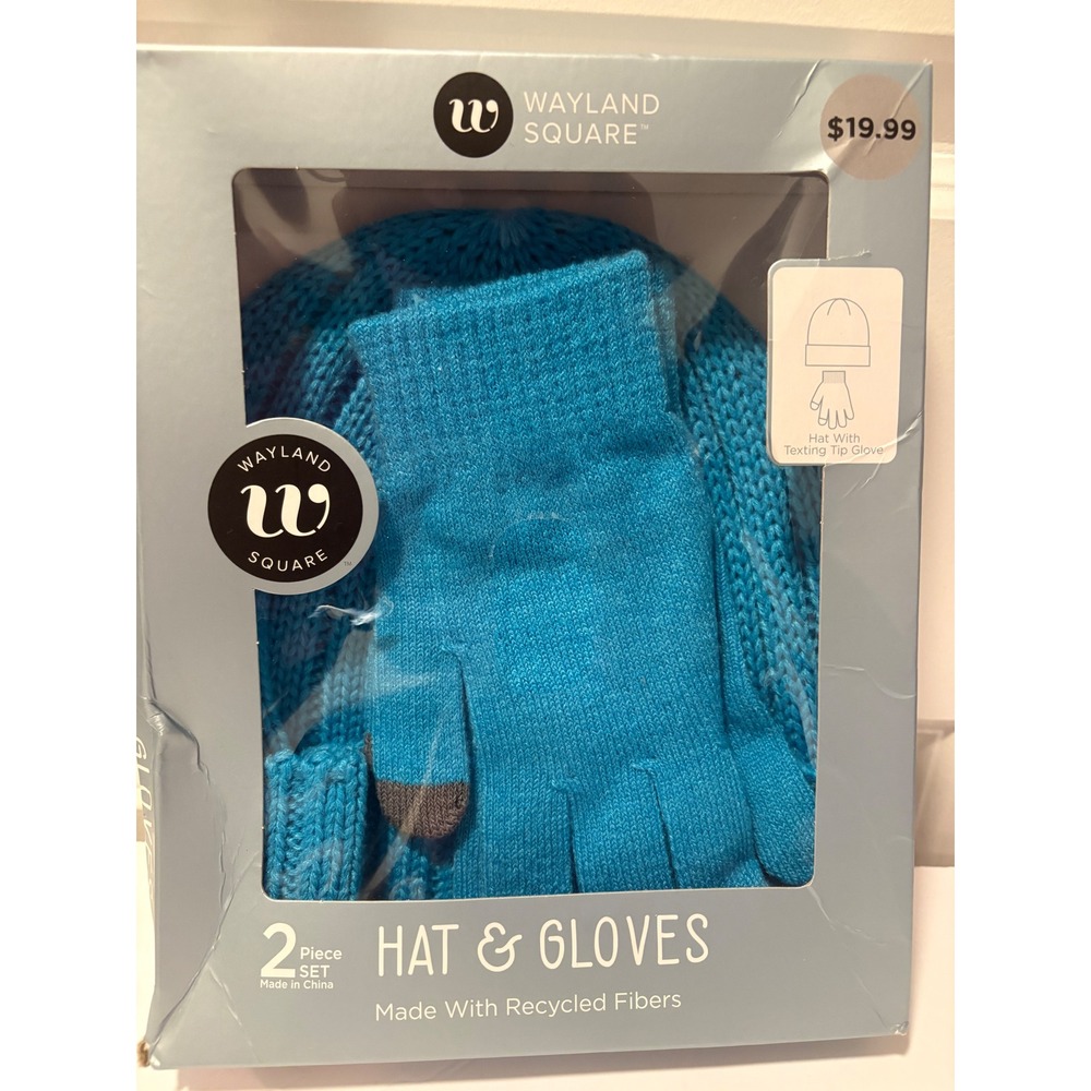 Wayland Square Womens Blue Knit Hat and Texting Gloves 2 Piece Set NIB